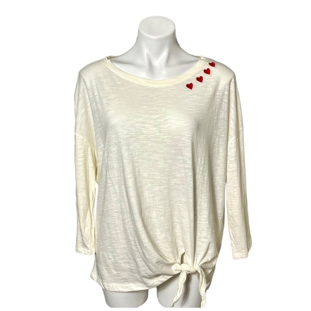 French Laundry Embroidered Heart Front Tie Top Size Large Cream